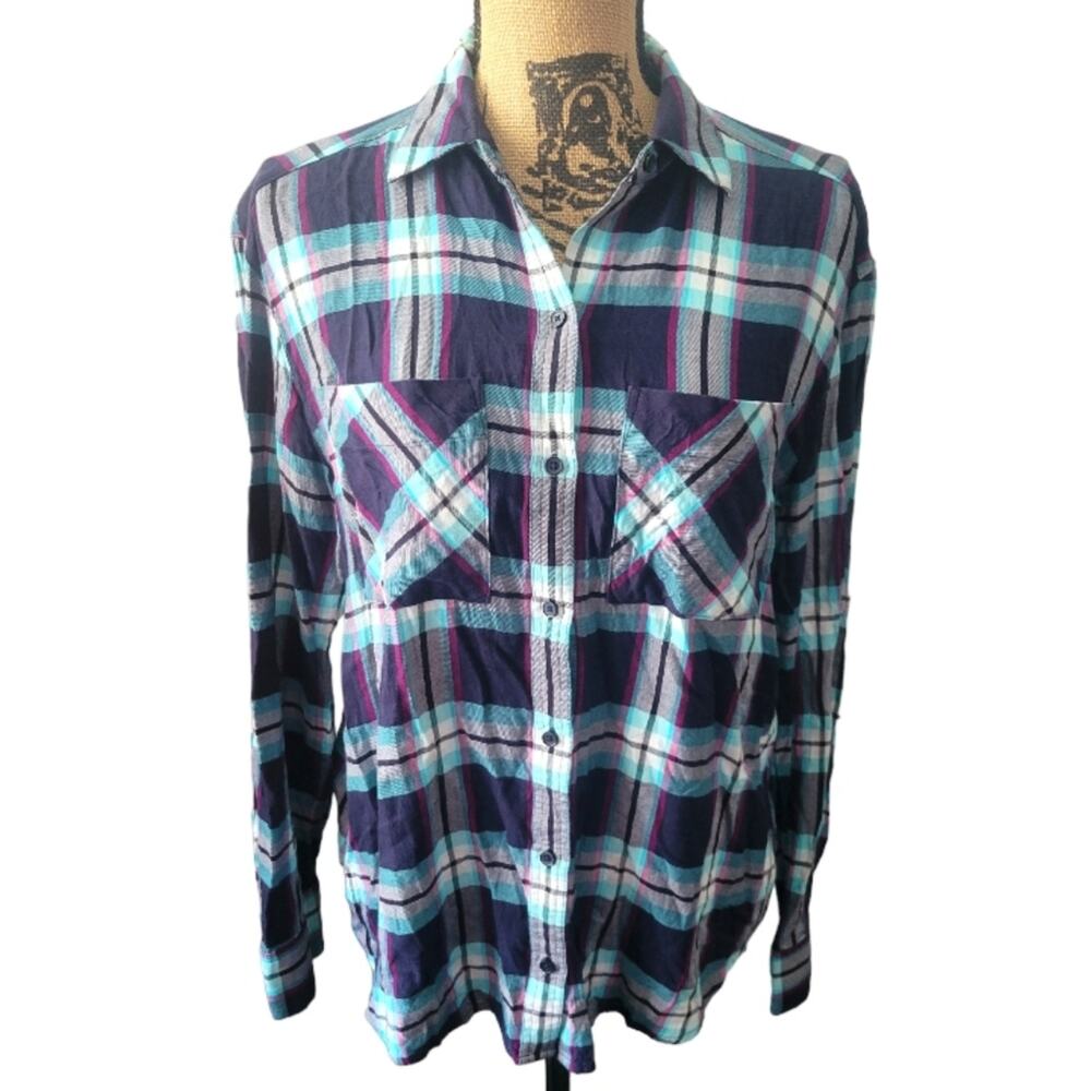 XS Express navy, purple, white, and teal blue plaid flannel button down shirt